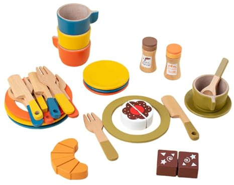 MotiveTech Wooden Play Plates And Tableware, Pretend Play, Coordination, Educational, Handson Ability, Tableware, Toy Dish Set
