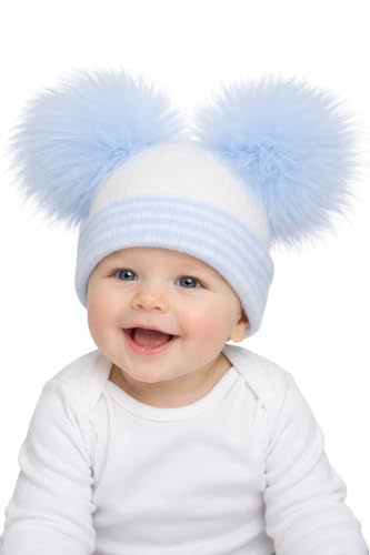 SOHOBABY™ British Made Soft Stretchy Stripped Design Double Pom Plain Baby Boy Baby Girl Hat (UK, Age, 0 Months, 3 Months, White/Blue)
