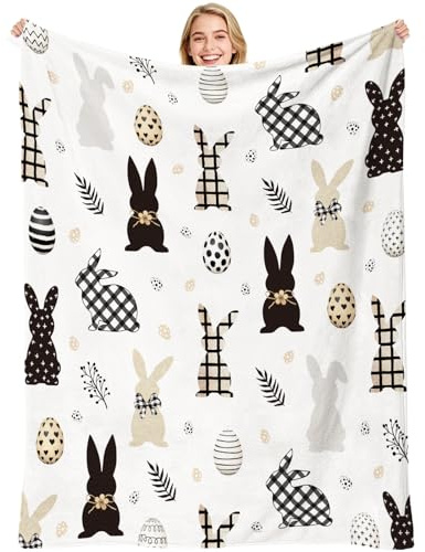 VISSTREE Easter Throw Blanket for Adults, Black Bunny Eggs Soft Fuzzy Flannel Plush Blanket, Retro Rabbit Throws Blankets for Women Home Bed Sofa Crib Couch Easter Holiday Birthday Gifts 50'' x 60''