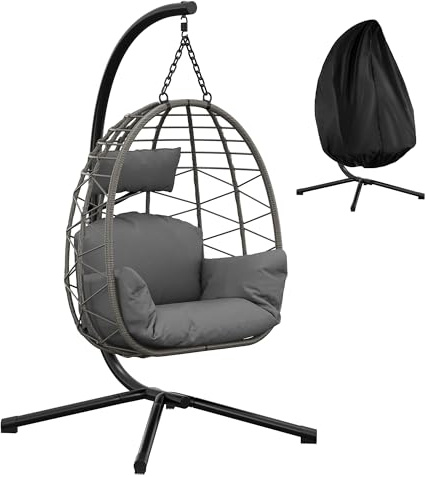 GarveeHome Fauteuil Suspendu Aria Rotin Synthétique – Chaise Balancelle avec Coussin Épais, Hauteur Réglable, Intérieur Extérieur Jardin Balcon Salon (Gris, X-Large)