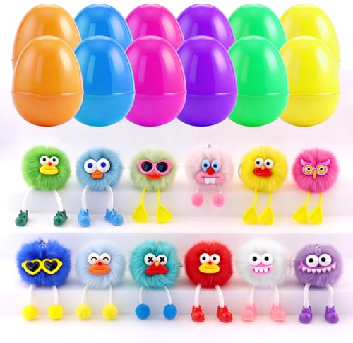Zhazieon Cute Pom Pom Keychains Kids Party Favors - 12Pcs Easter Egg Fillers, Goodie Bag Stuffers for Boys Girls, Birthday Party Supplies, Easter Basket Stuffers, Egg Hunt Prizes