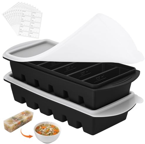 2-pack soppfrysningsbehållare, 6 fack × 125 ml soppkub silikon frysbehållare med lock, BPA-fri mat, soppfrys, soppa, isbitsform för buljong, sås (svart)
