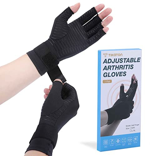 Tikaton Copper Infused Compression Arthritis Gloves with Wrist Strap for Hand Pain, Carpal Tunnel, Tendonitis, Swelling, Crocheting, Typing, Fits Women & Men (Small/Medium, 1 Pair)