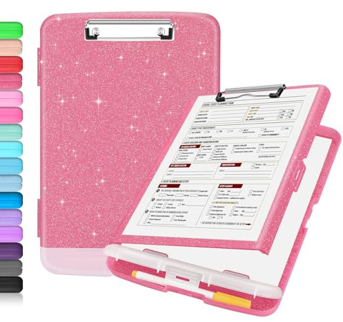 Sooez Glitter Clipboard with Storage, High Capacity Clip Boards 8.5x11 with Pen Holder, Cute Clipboards with Low Profile Clip, Sparkle Plastic Organizer Case Box for Women & Kids, Side Opening