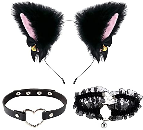 TSHAOUN Djurkostym katt cosplay kostymset, kattöron pannband med klockor halsband, för anime fin klänning fest halloween jul utklädning karneval rollspel.
