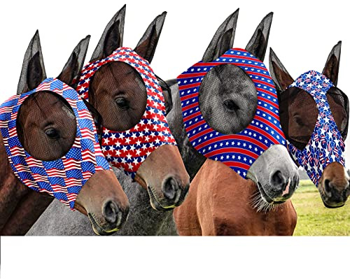 Frienda 4 Pcs 4th of July Horse Fly Mask with Ears 250th Anniversary Horse Face Covering Elasticity Smooth Comfortable Mask with UV Protection for Patriotic Independence Day(Medium)