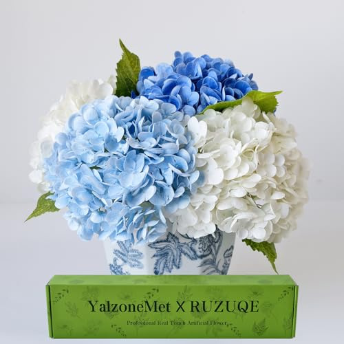 YalzoneMet 4 st äkta beröring hortensia konstgjord blomma naturlig naturtrogen 58 cm lång stam latex hortensia blomma gåva för hemmafest utomhus bröllop bord bordsuppsats dekor 2 vit + 1 blå +1