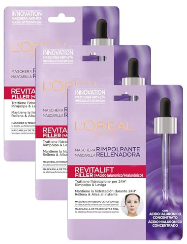L'Oréal Paris Maschera in tessuto Revitalift Filler, Azione Rimpolpante Anti-Età, Effetto Seconda Pelle, Arricchita con Acido Ialuronico, 30 g (Confezione da 3)
