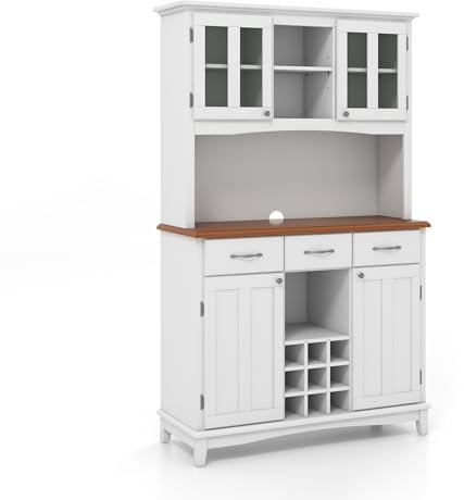 KOMFOTTEU Buffetschrank Küchenschrank Holz, Vitrinenschrank Hochschrank mit Weinregal & 3 Schubladen, Weinschrank Türschrank mit Glastür, Aufbewahrungsschrank 112x41,5x184,5 cm, Weiß (Weiß)