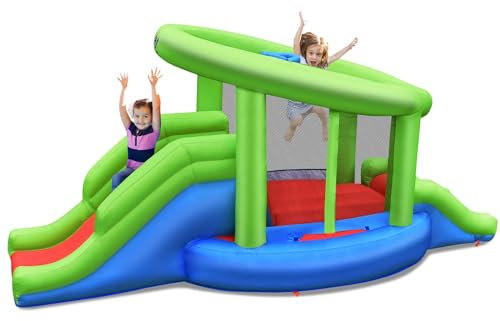 RELAX4LIFE Castello Gonfiabile per Bambini con Recinzione a Rete, Centro da Gioco con Scivolo, Trampolino Gonfiabile da Giardino (MODELLO 12)
