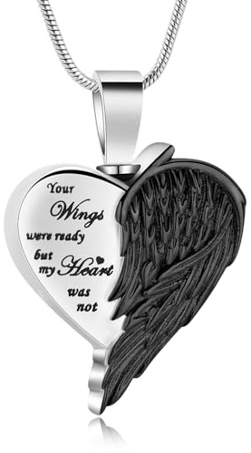 AIWENXI hjärta aska halsband för män kvinnor ängel vingar kremering souvenir urna smycken aska hänge smycken rostfritt stål souvenir gåvor medaljong smycken, 50.8 cm, Rostfritt stål