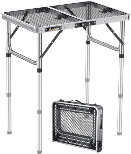 Anbte Campingtisch Klapptisch mit 3 Verstellbare Höhe Grilltisch aus Aluminium 60 * 40cm Koffertisch mit Metallgitter Tischplatte Leicht und Tragbar Gartentisch Biertisch für Strand Picknick (Silber)