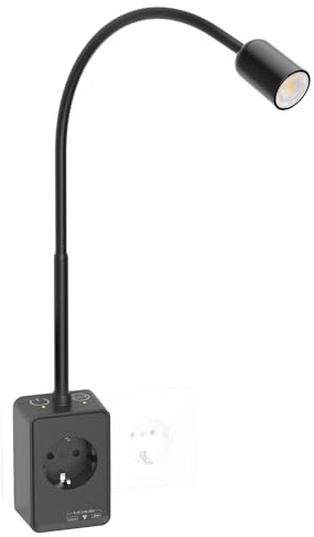 PRINCEWAY Lampada Comodino Applique da Parete Faretto LED Interno Dimmerabile Nera con Spina e Presa Elettrica per Lettura Libri a Letto, Due Interruttori Tocco, 3 Colore Luce, Ricarica Uscita USB
