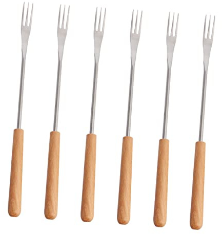 Fourchettes à Fondue en Acier Inoxydable Manche Bois, 6 Pcs