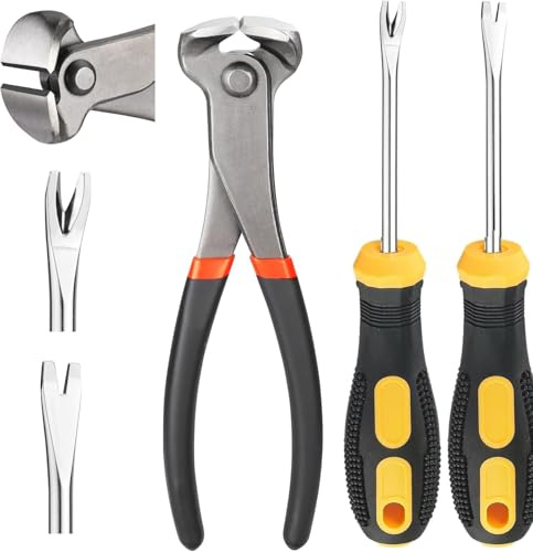 3 PCS End Cutting Pliers and Nail Pullers Set, 185mm End Nippers for Pulling and Cutting Nails, 2 PCS Magnetizable Tack Lifter with Straight V Tip and Bend V Tip for Easy Nail Removal