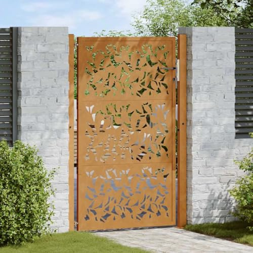 Cancello da Giardino in Acciaio Resistente alle Intemperie, Design a Foglia Laser, Cancello per Recinzione, Portoncino Ingresso Esterno, per Recinzione Giardino e Patio, Colore Ruggine, 105x155 cm
