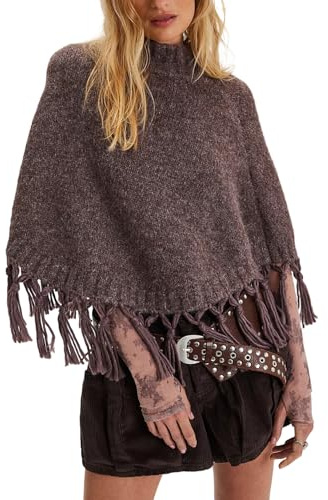 SOOKABEILA Women Tassel Poncho Sweater Mock Neck Fringed Hem Shawl Y2k Vintage Asymmetrical Pullover Cape Shrug Knitwear (A Brown,One Size)
