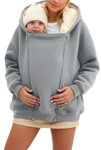 Dasongff 3 en 1 polar canguro Softshell maternidad desgaste chaqueta polar con capucha, chaqueta de maternidad para mujer, manga larga, suéter cálido con cremallera chaquetas de desgaste, gris claro