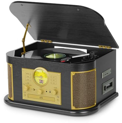 All-in-One Vinyl Record Player with Bluetooth, CD, Cassette Tape, AM/FM Radio, USB/SD Recorder, 3 Speed Vintage Turntable with Built-in Speakers, Aux-in, RCA Line-Out