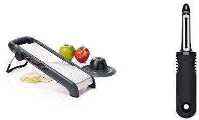 OXO Good Grips Profi Obst- und Gemüsehobel 2.0 mit Klingen aus japanischem Edelstahl, grau & Good Grips Pendelschäler/Sparschäler mit Zubehör, Schwarz