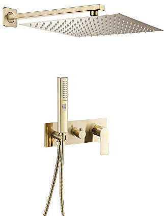 VALAZ Douche Encastrable | Mitigeur Douche 2 voies, Pulvérisateur Effet Pluie | Installation Murale Facile et Rapide | Inoxydable, Carré, Pulvérisateur 25 cm, Doré Brossé, Série Miño