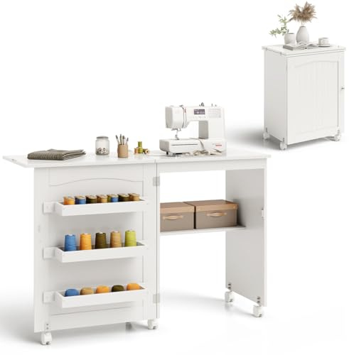 RELAX4LIFE Mobiletto per Macchina da Cucire Pieghevole su Ruote Bloccabili, Tavolo da Cucito in Legno con Ripiani Portaoggetti, Tavolino Cucito Multiuso da Studio e Salotto, 117,5x 40x 77cm (Bianco)