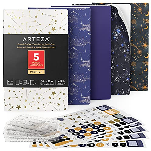 Arteza carnets de poche, lot de 5, 14 x 20,3 cm, 40 feuilles chacun, motifs constellations, 2 à pois, 2 lignés et 1 vierge, couverture souple en papier, fournitures artistiques pour écrire et dessiner