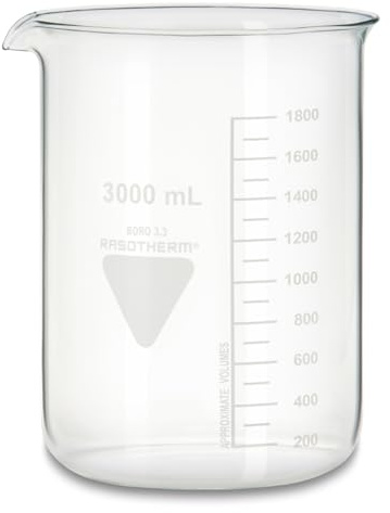 Rasotherm borosilikatglas 3,3, låg form, bägare med pip, transparent, 3 000 ml kapacitet, 210 mm höjd
