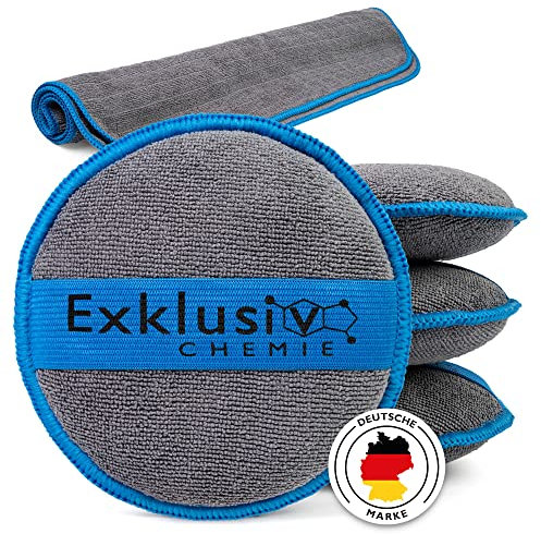 Exklusiv Chemie® 4X Handpolierschwamm Auto + Mikrofasertuch Q1 GSM 380 | Applikator Pad Mikrofaser | Auftragen von Politur, Wachs & Pflegemittel | weicher Politur Schwamm | Microfaser Pad