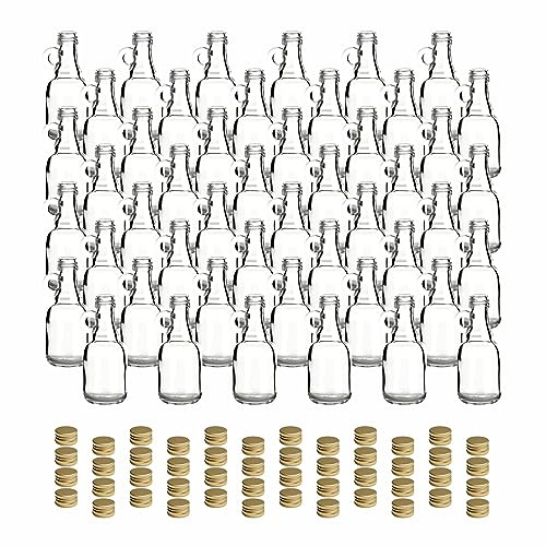 gouveo 48er Set Glasflasche 40 ml (0,04 l) Glasflasche 40 ml Henkelflasche Schraubverschluss PP18 goldfarben, Mini-Fläschchen aus Klarglas zum Abfüllen von Likör, Öl, Essig, Sirup, DIY Deko (HF040SG)