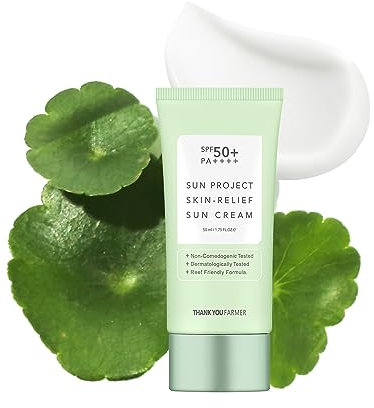 THANKYOU FARMER Sun Project Skin Relief Sun Cream SPF50+ PA++++ (50ml) - Face Sunscreen no comédogénico para piel sensible, pantalla solar coreana para cara, tamaño de viaje de pantalla solar segura