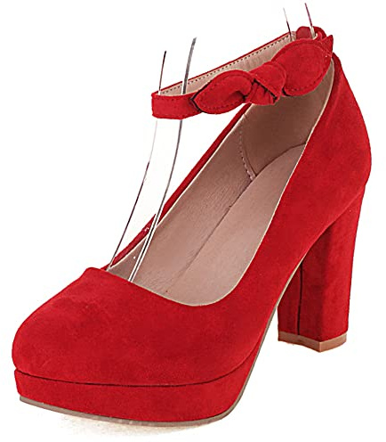 Zapatos de Tacón de Bloque para Mujer, Bombas de Tacón Alto Punta Rojoonda Hebilla Zapatos de Vestir con Plataforma Correa de Tobillo Lazos Casual Cchphu Rojo Talla 38 EU