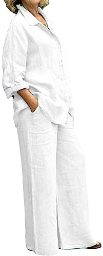 shownicer Donna Completo Tuta Estiva Due Pezzi Manica Lunga Camicia + Pantaloni Lino Set Larghi Taglie Forti Completo Tuta Streetwear A Bianco XL