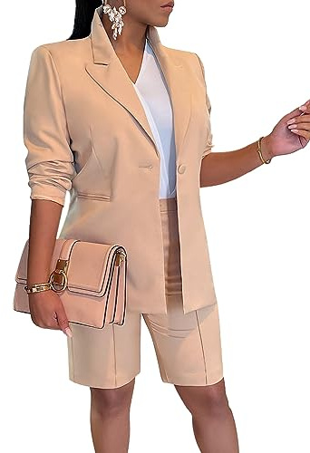 ORANDESIGNE Tailleur Pantalone da Donna 2 Pezzi Tuta Casual Elegante Business Suit Set Blazer e 1/2 Pantaloni Moda Abiti Set Completa Due Pezzi Completo Tailleur Ufficio e Lavoro A Cachi S