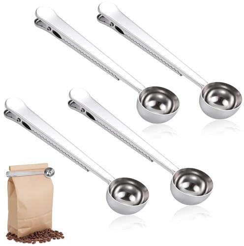 4 Pezzi Cucchiaini Dosatori per Caffè con Clip per Borsa, Acciaio Inox Cucchiaio Latte Polvere, Cucchiaio con Morsetti Sigillati, Cucchiaino da Caffè con Clip, Cucchiaino con Clip Sigilla Sacchetto