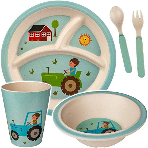 alles-meine.de GmbH Geschirr Artikelwahl 5 TLG. Geschirrset - Traktor & Auto - Trinktasse + Teller + Müslischale + Besteck - Kindergeschirr - Frühstücksset für Kinder - Junge..