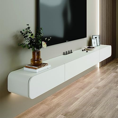 FPIGSHS Solid Wood Floating TV Unit with 2 drawer 120cm Modern Wall-Mounted TV Cabinet White hanging TV stand Media Console Shelf with Storage for Living Room, Bedroom – Fully Assembled (A, 120cm)