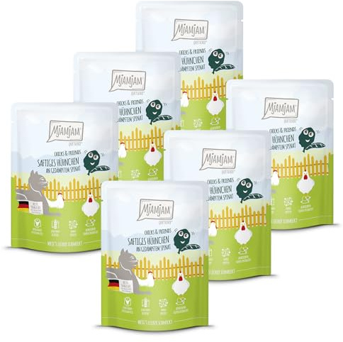 MjAMjAM - Premium Nourriture Humide pour Chats - Quetschie - Chicks & Friends Poulet juteux aux épinards cuits à la Vapeur, Paquet de 6 (6 x 300g), sans céréales