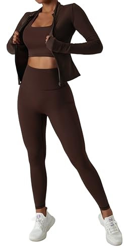 Belriviere Womens Two Piece Tracksuit Set Long Sleeve Zipper Jacket with Athletic High Waist Leggings Workout Set M Brown