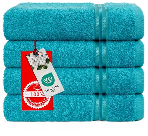 Hammetex 4er Badetuch Set, 100% Baumwolle Premium Qualität Groß 50x100cm Handtuch, Weich Saugstark Schnell Trocknendes Händehandtuch, Türkis