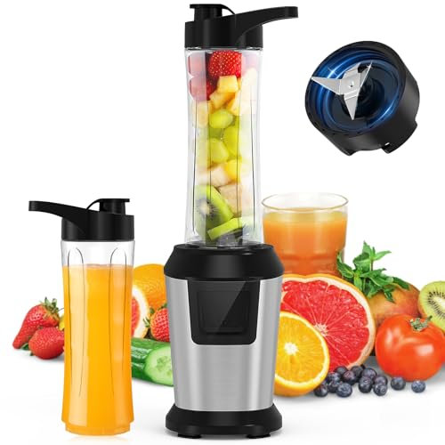 Mixer, Smoothie Maker, 500W Standmixer to Go mit 2x600ml Smoothie Flaschen BPA frei Tritan,Tragbarer Blender Smoothie Maker aus Edelstahl 4-Blatt für Shake, Smoothie und Babynahrung, Silber