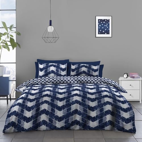 4 Piece Complete Bed Set - Geometric Duvet Cover King Size - Reversible Bedding & Linen Set - Polycotton Quilt Cover With Fitted Sheet and Pillowcases
