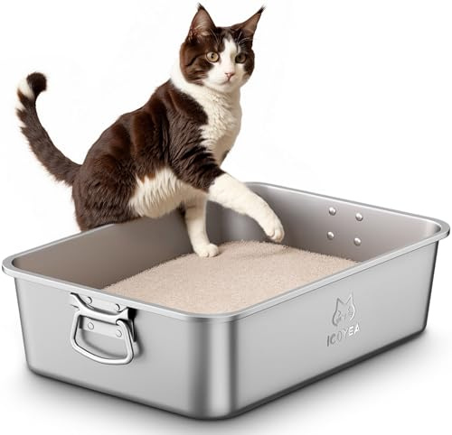 Arenero Gato Acero Inoxidable con Asas y Pala Incluida, Caja de Arena Grande para Gatos, Gatitos y Conejos, Arenero Alto XXL para Gatos, Antiadherente, sin olores y fácil de Limpiar, 45 x 35 x 15cm