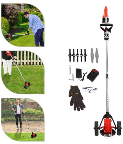 Batteridriven grästrimmer, 2-i-1 laddare gräsklippare med 90° roterande trimmerhuvud och justerbar teleskopstång, 7 blad