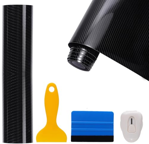 Fjquamitix Carbon Fiber Vinyl Wrap Roll 6D High Gloss Self-Adhesive Bubble-Free Waterproof Film with Installation Tools Kit for Car Interior (300cm*30cm(2 scrapers, 1 knife))