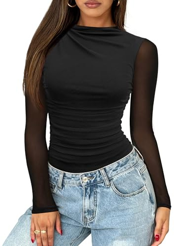 Saslax Women's Mesh Bodysuit - Long Sleeve Sheer Mock Neck Ruched Thong Top, Sexy Club & Date Night Outfit Black S