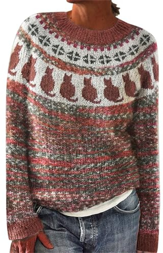 Women Fair Isle Sweater Crew Neck Knitted Oversized Cozy Comfy Sweater Vintage Cute Fall Winter Warm Pullover Tops Teen-Girls Laidies Thermal Argyle Sueters De Mujeres Casuales Brick Red 5XL
