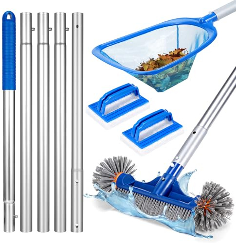 Sockywin Pool Cleaning Brush Pool Net Kit, Aluminium Pool Brush with Long Handle, Pool Skimmer Net, 2 Sponge Pool Scrubber Pad, Swimming Pool Cleaning Kit for Clean Walls Tiles Steps Floors Tubs