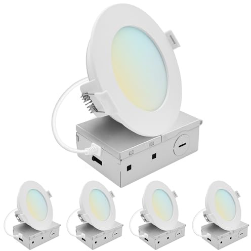 LUXRITE 4 Inch LED Recessed Light, ECO Backlit Mini Panel Spotlight, 5CCT 2700K-5000K, 1000 Lumens, High Output, 11 Watts, Dimmable, IC Rated, Wet Rated, ETL Listed, Energy Star, Round (4 Pack)