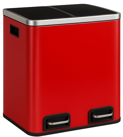 Felix rubbish bin stainless steel waste bin with pedal, waste separation system for kitchen and office (30L, 60L), stainless steel, red, 30L (2 Kammern à 15L)